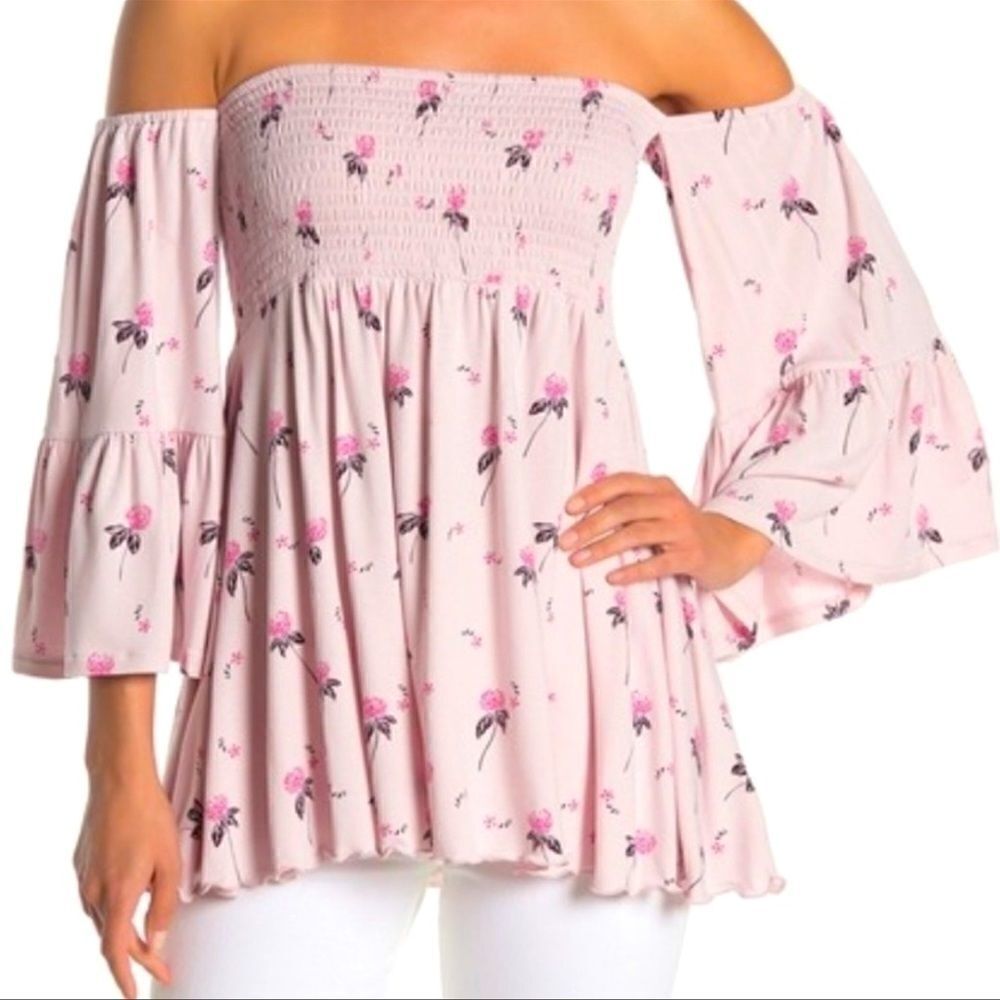 Free People Pink Berry Lana Off Shoulder Smocking Pink Romantic Floral Top Xs
